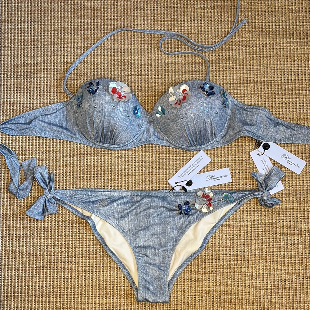 Blumarine Blue denim flowers beads Bikini